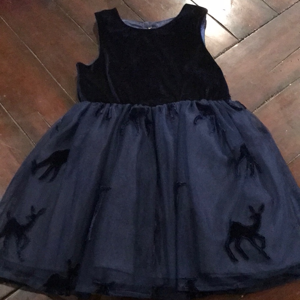 Cat & Jack Navy Blue Velvet & Tulle Dress w/Deer & Golden Buttons 3T